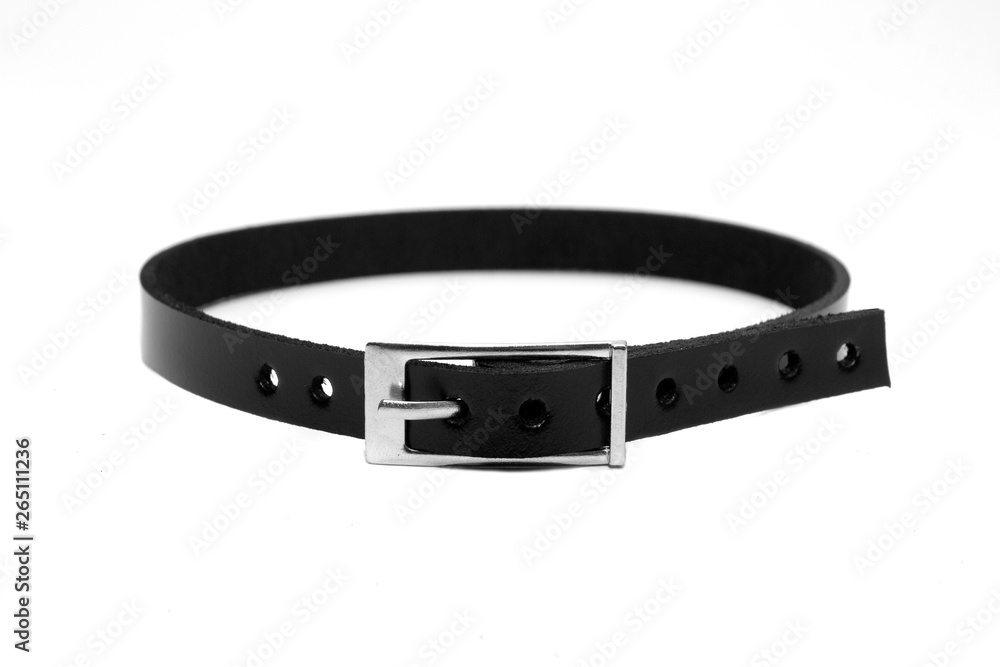 Black leather collar on a white background. Side view Black leather collar on a white background. Side view