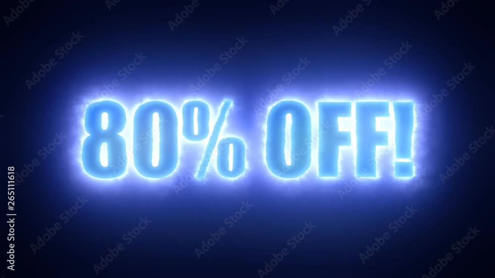 The text Eighty percent off, surrounded by an energetic cloud of electricity. Blue tones, black background. The text Eighty percent off, surrounded by an energetic cloud of electricity. Blue tones, black background.