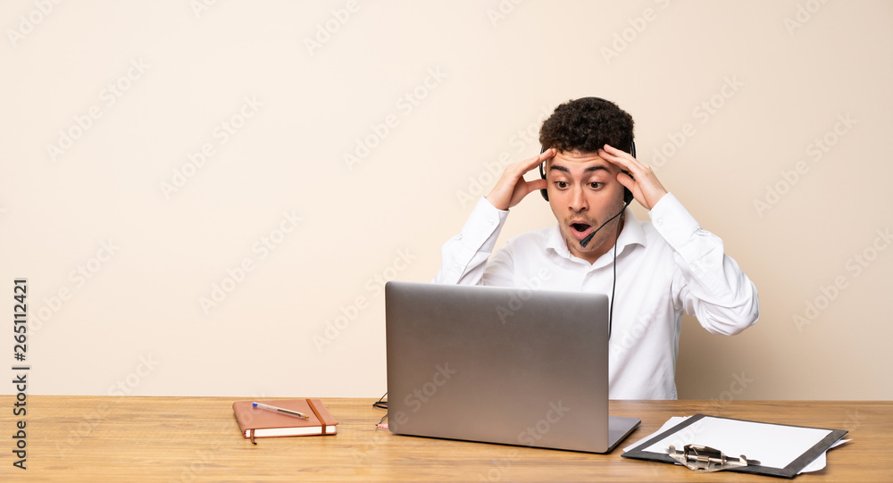 Telemarketer man with surprise expression Telemarketer man with surprise expression