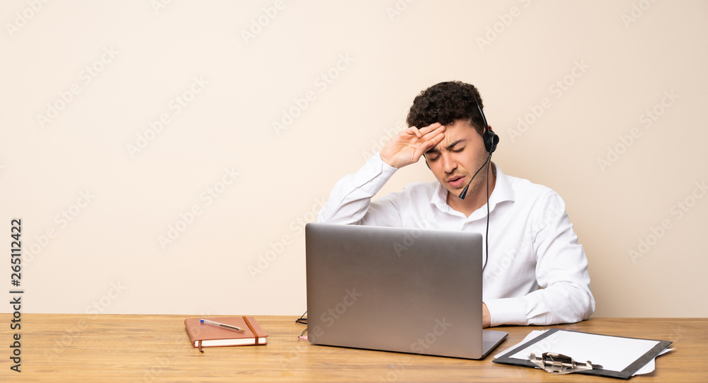 Telemarketer man with tired and sick expression Telemarketer man with tired and sick expression