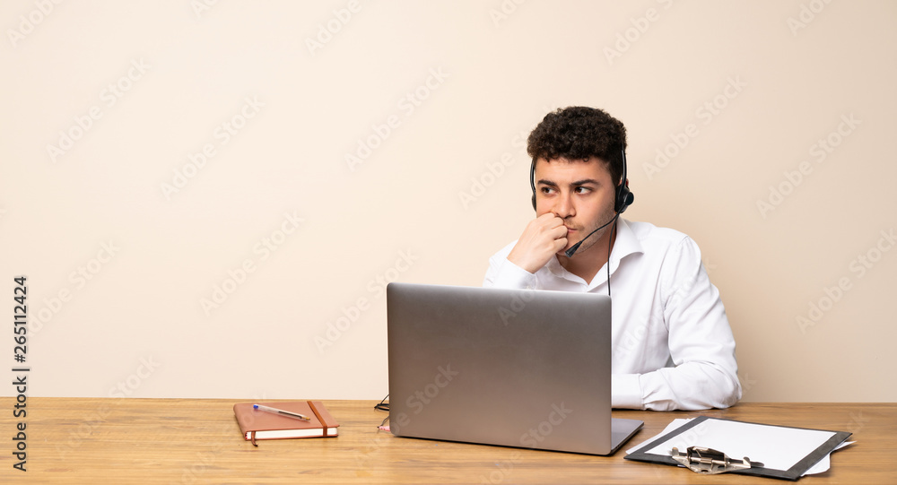 Telemarketer man having doubts Telemarketer man having doubts