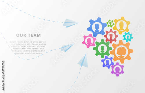 Teamwork business concept. Flat vector illustration with avatar icons and gears for financial strategy, partnership, consulting, project management, team work, cooperation, people communication
