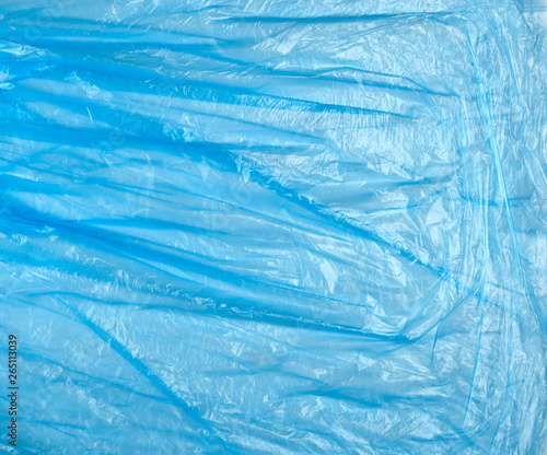 texture of crumpled blue polyethylene, full frame