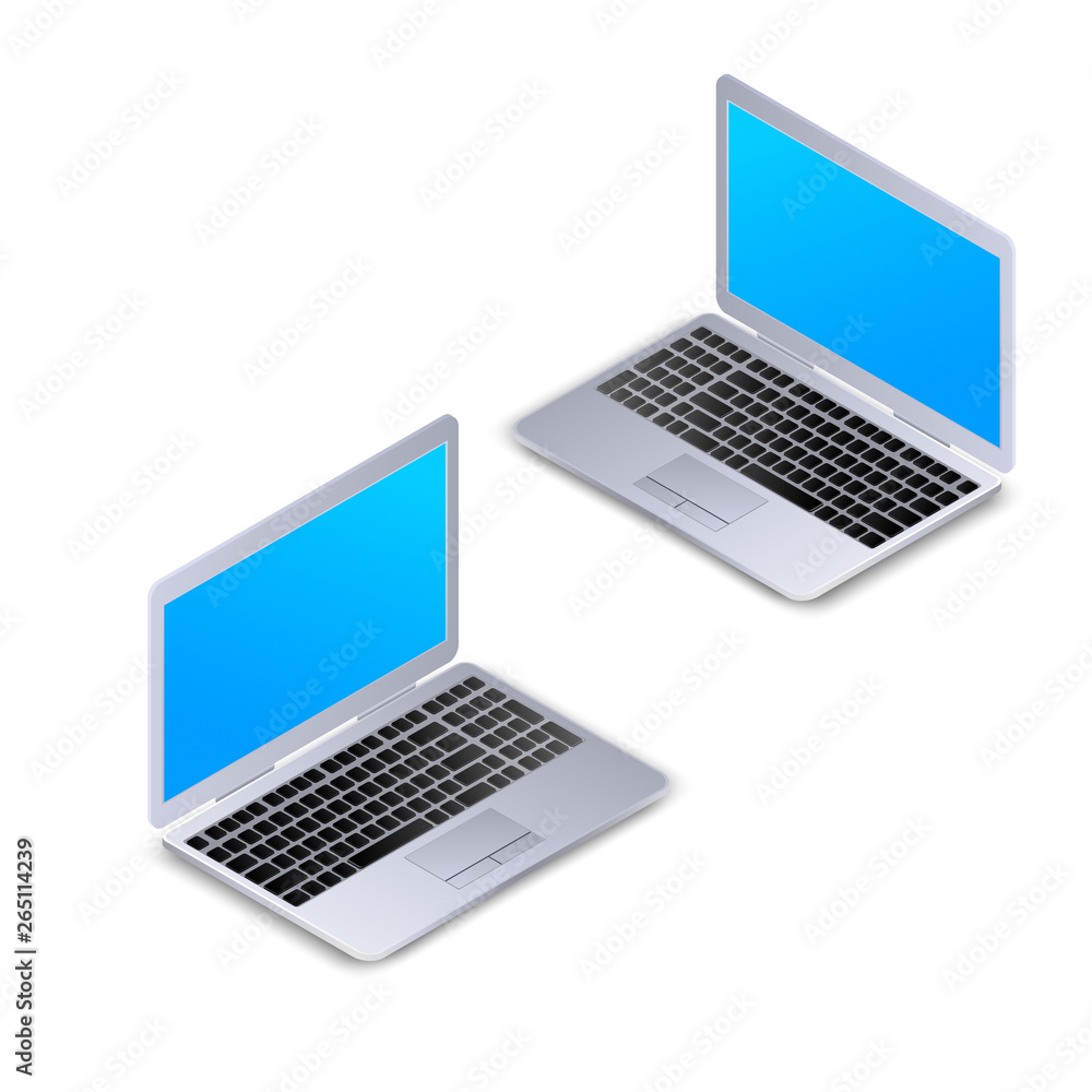 Isometric laptop with blank screen isolated on white background. Realistic 3d computer laptop mockup for software development, responsive web design, banner, poster. Flat vector illustration Isometric laptop with blank screen isolated on white background. Realistic 3d computer laptop mockup for software development, responsive web design, banner, poster. Flat vector illustration