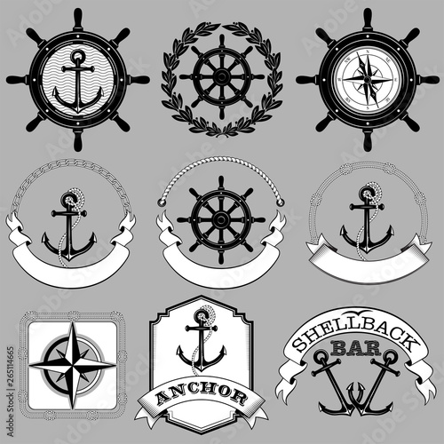 Set of black and white nautical labels. Lettering Anchor, Shellback Bar. Black and white colors. 