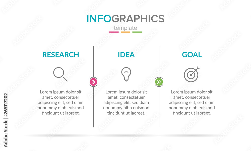 Vector infographic label template with icons. 3 options or steps. Research, idea and goal. Infographics for business concept. Can be used for info graphics, flow charts, presentations, web sites.