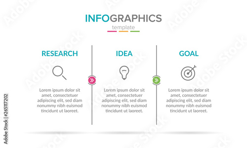 Vector infographic label template with icons. 3 options or steps. Research, idea and goal. Infographics for business concept. Can be used for info graphics, flow charts, presentations, web sites.
