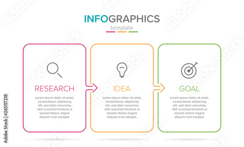 Vector infographic label template with icons. 3 options or steps. Research, idea and goal. Infographics for business concept. Can be used for info graphics, flow charts, presentations, web sites.