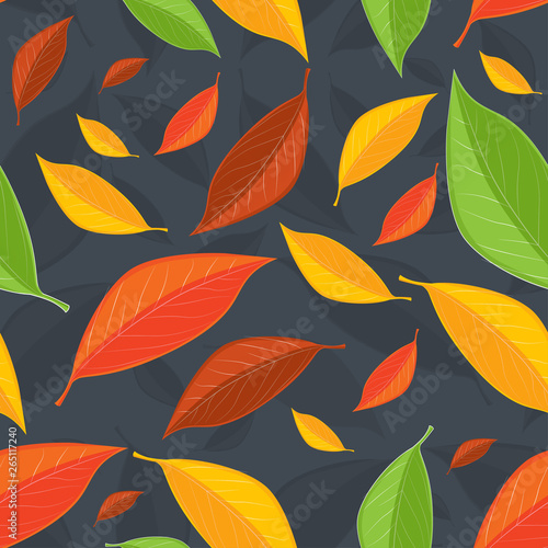 Vector seamless texture with colorful leaves on a grey background