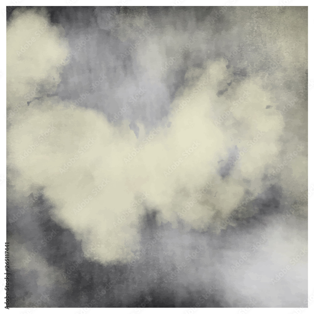 Dark, atmospheric background. Watercolor painting of dramatic moody foggy texture. Abstract aquarelle vector paint splash. Monochrome sepia screen. Grayscale backdrop.