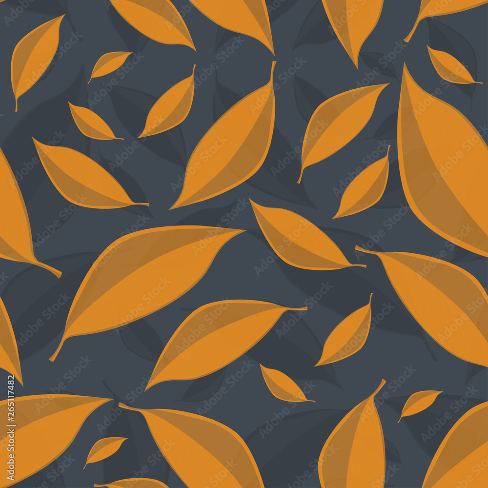 Vector seamless texture with golden leaves on a dark-grey background