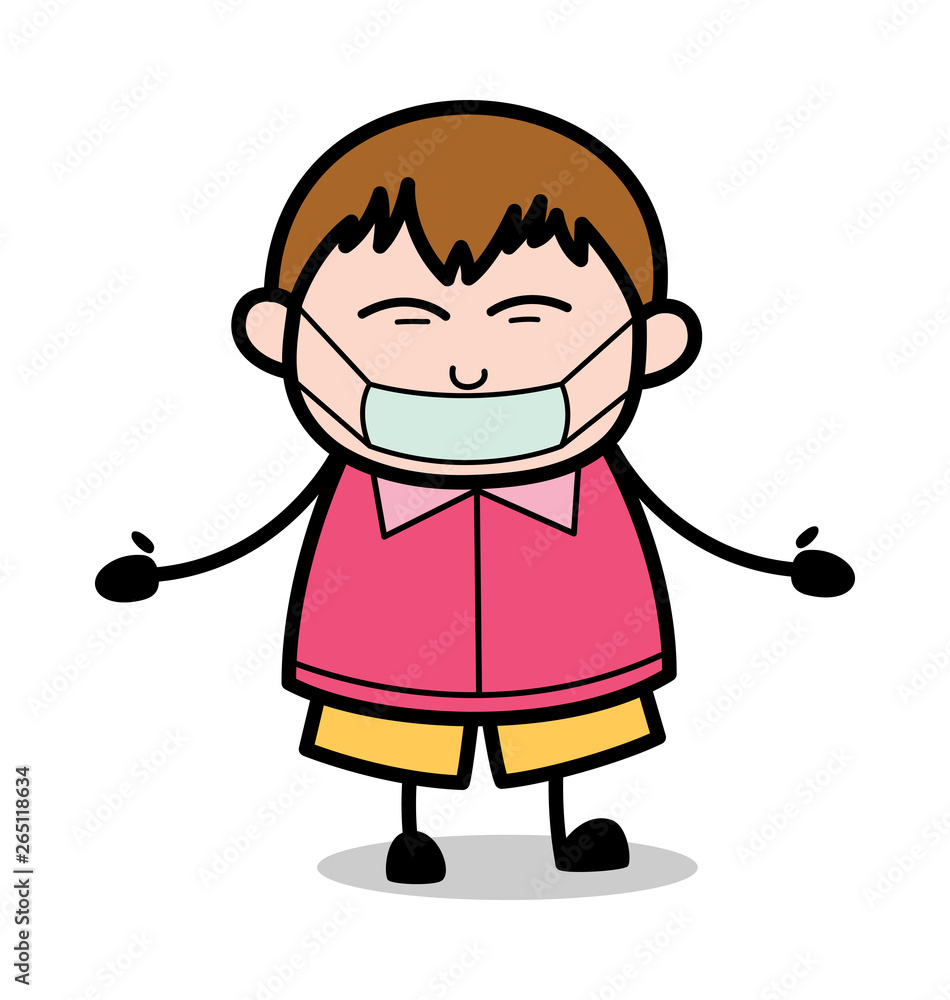 Medical Mask on Face - Teenager Cartoon Fat Boy Vector Illustration