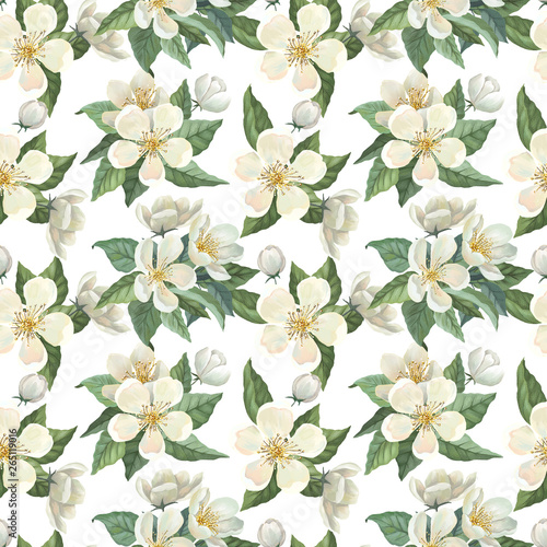 Seamless pattern with white watercolor flowers, green leaves