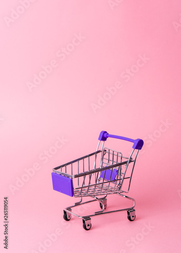 Women's shopping: an empty miniature purple trolley from a supermarket on a pink background.