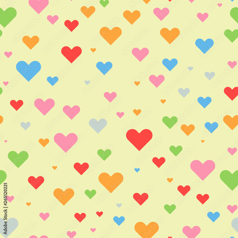 Colorful Heart seamless with random size for your background or textile design. Solid color vector illustration.