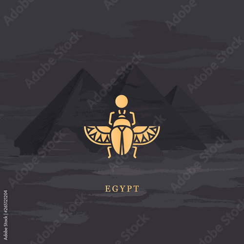Vector drawing icon of Egyptian scarab beetle, personifying the god Khepri. Icon isolated on background illustration of Egyptian pyramids painted by hand.