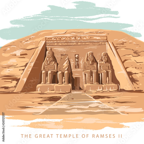 Colorful vector illustration the great temple of Ramses 2 hand drawn in white background. The Great Temple at Abu Simbel, Egypt.
