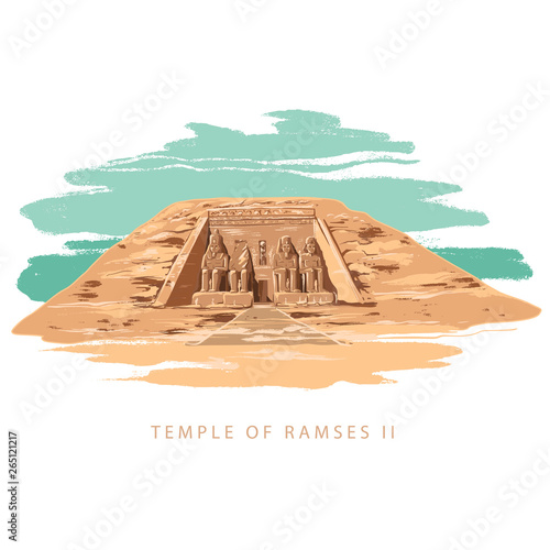 The Great Temple at Abu Simbel, Egypt. Colorful vector illustration the great temple of Ramses 2 hand drawn in white background.