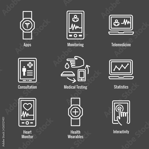 Digital Health Icon Set with Wearable Technology Web Header Banner