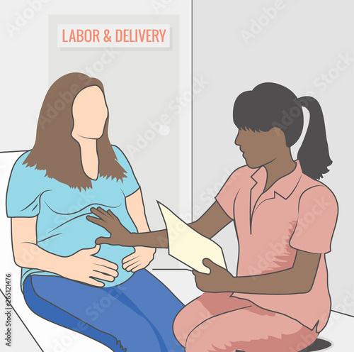 Pregnancy discharge instructions with pregnant woman and nurse - labor & delivery room