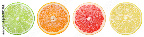 Four colorful different citrus slices on white background. Clipping path.