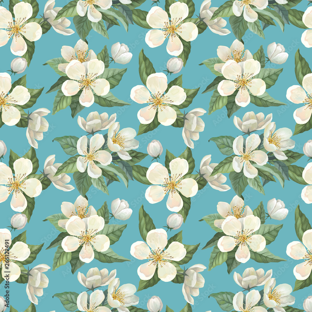 Seamless pattern with white watercolor flowers, green leaves