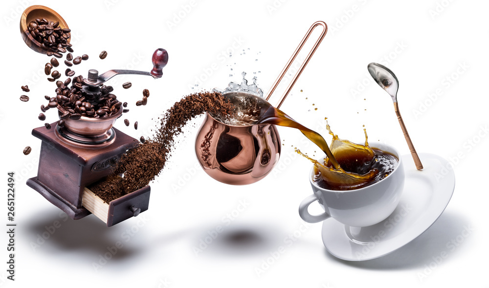 Coffee preparation. Conceptual photo - turning coffee beans into beverage. - obrazy, fototapety, plakaty 