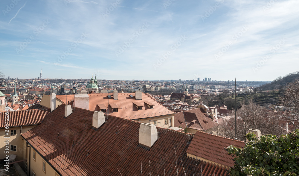 Praha city panorama from Jansky vrsek street between Karluv most and Hradcanske namesti in Czech republic