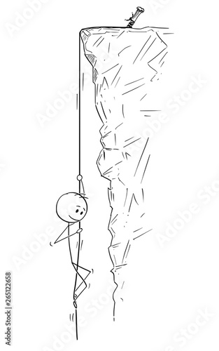 Cartoon stick figure drawing conceptual illustration of mountain climber or man or businessman abseiling or roping down the rock or cliff on the rope.