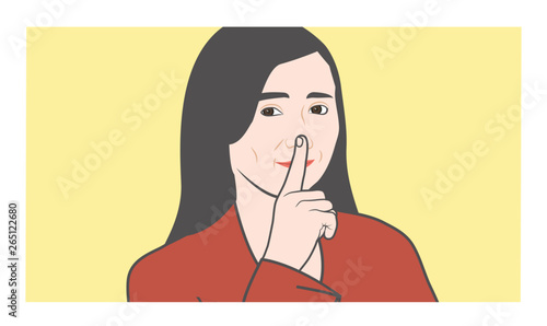 Quiet please, shhh, with finger and nose making shush sound