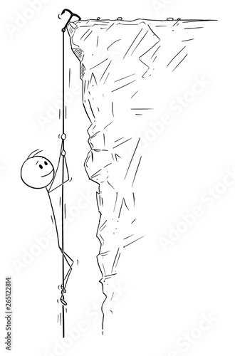 Cartoon stick figure drawing conceptual illustration of mountain climber or man or businessman climbing the mountain, rock or cliff. Extreme sport illustration.