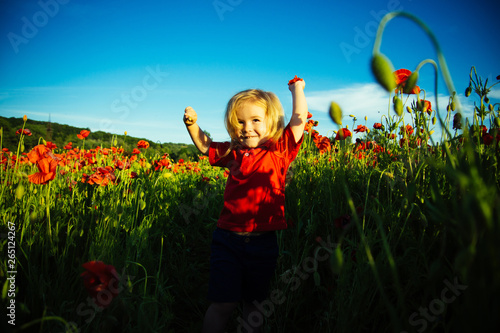 Summer happiness. Cute child boy in poppy field. Childhood in the village. Field with red poppies and white child with long hair, happiness. Summer vacation. Kid walk. Nature background