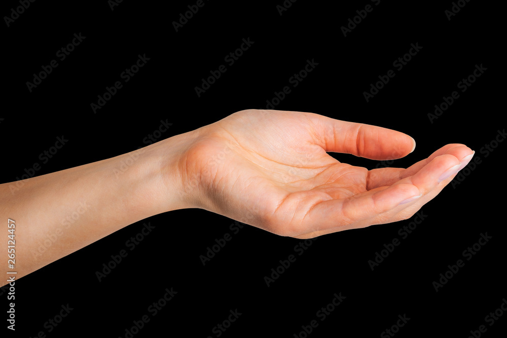 Woman showing open hand taking or showing something Woman showing open hand taking or showing something