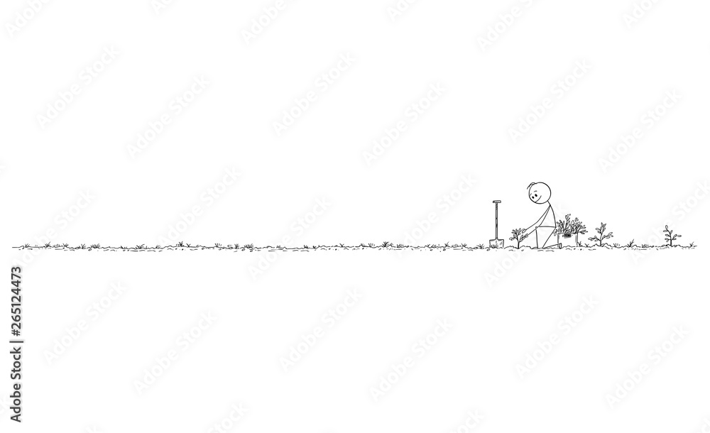 Cartoon stick figure drawing conceptual illustration of man planting ...