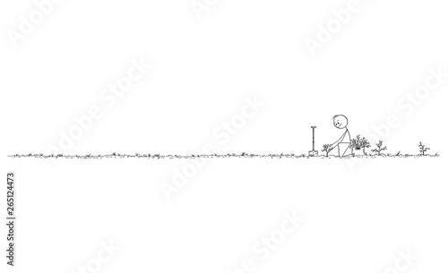 Cartoon stick figure drawing conceptual illustration of man planting small trees as forest for future, nature, environmental and ecology concept.Long horizontal graphic or design element.