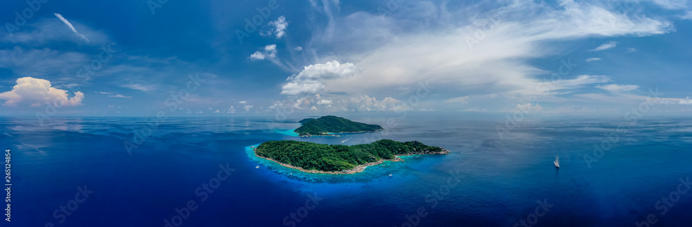 Aerial drone panorama of beautiful tropical islands in a clear blue ocean (Similan Islands)