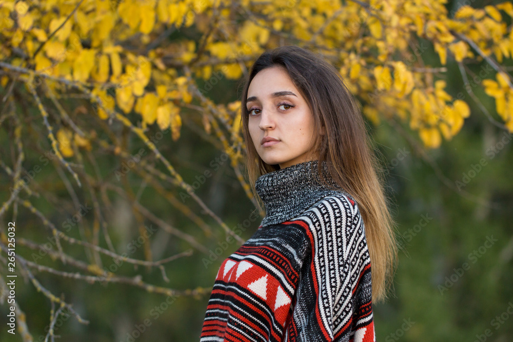 Autumn portrait of a girl in ethnic sweater Autumn portrait of a girl in ethnic sweater