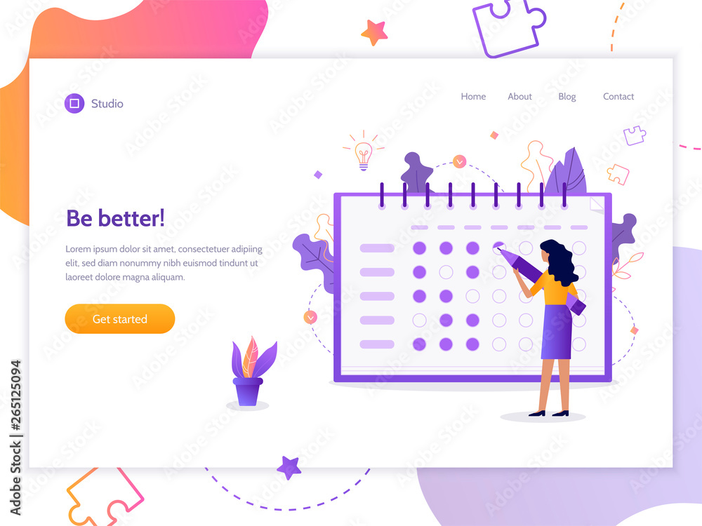 Be better! The girl notes the bullets in the tracker habits. Modern web banner. Flat vector illustration.