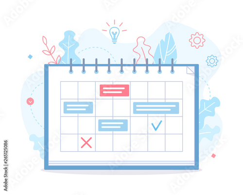 A calendar with tasks on the project. Planning schedule. Time management concept. Flat vector illustration.