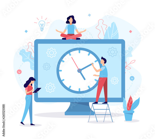 The development team allocates time for the project. Time management concept. Flat vector illustration.