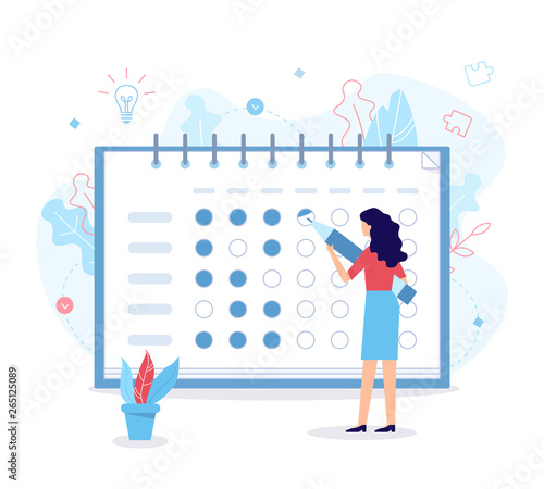 The woman notes the bullets in the habit tracker. Self-improvement concept. Flat vector illustration.