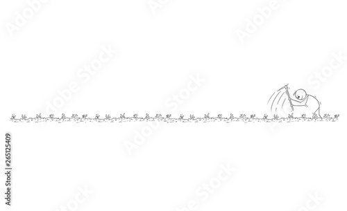 Cartoon stick figure drawing conceptual illustration of poor farmer enjoying hard working with hoe on the field. Long horizontal graphic or design element.