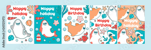 Sea card for children birthday. Cute baby illustration of a shark eats fish