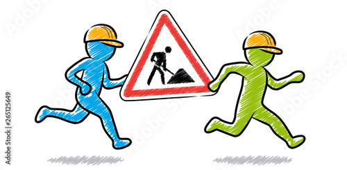 Zwei Bauarbeiter tragen laufend ein Baustellenschild / Farbige Strichmännchen / Schraffierte Vektor-Zeichnung