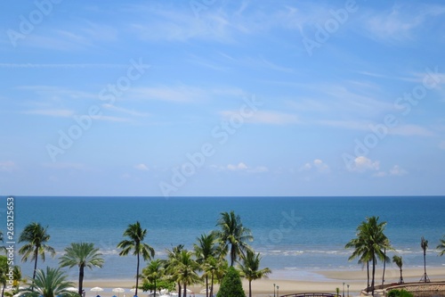 Beautiful view of the sea with the coconut trees, blue sky and white clouds in summer time. Nature concept. 