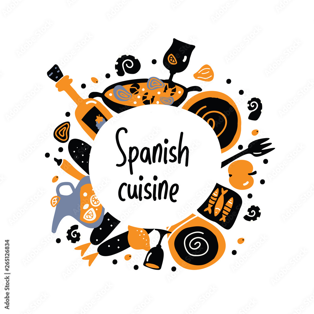 Obraz premium Spanish cuisine. Hand drawn vector circle food composition.