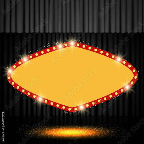 Shining retro banner on black stage curtain