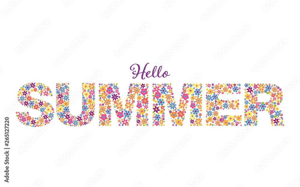 Banner with phrase Hello Summer written in floral typeface isolated on white background