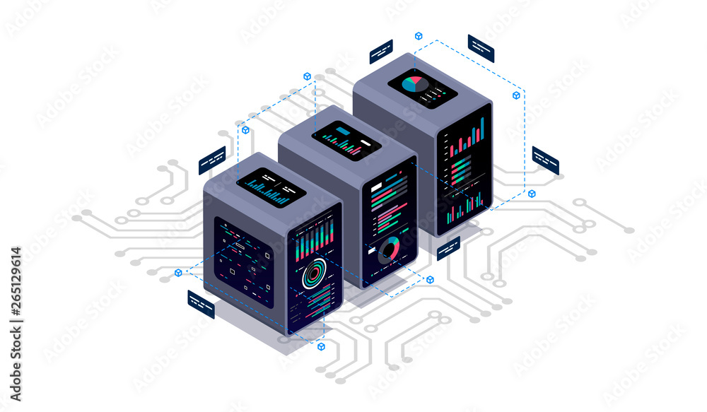 Isometric design concept virtual reality and augmented reality. software development and programming. Computation of big data center, information processing, database. isometric vector technology Isometric design concept virtual reality and augmented reality. software development and programming. Computation of big data center, information processing, database. isometric vector technology