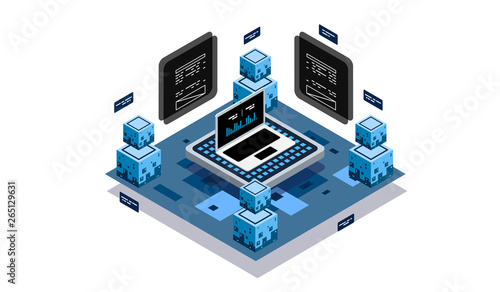 Isometric design concept virtual reality and augmented reality. software development and programming. Computation of big data center, information processing, database. isometric vector technology